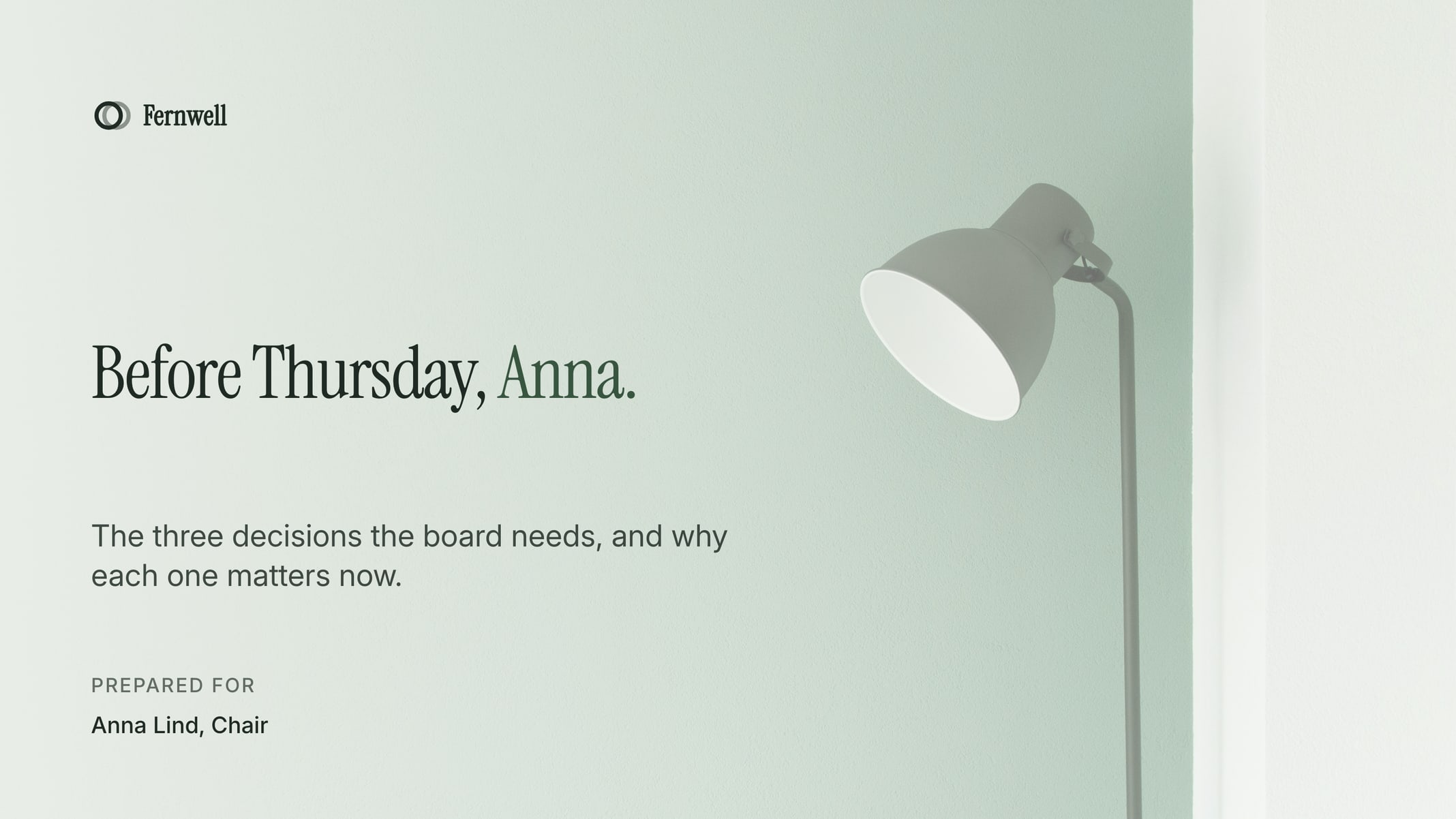 A board pre-read cover in the Fernwell sample brand kit