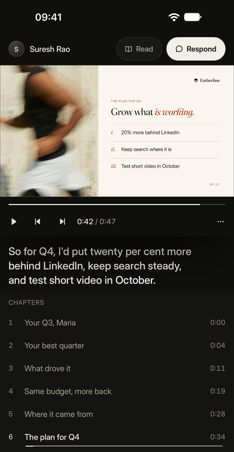 The same Scene on a phone: the slide, the sentence being said, and its chapters